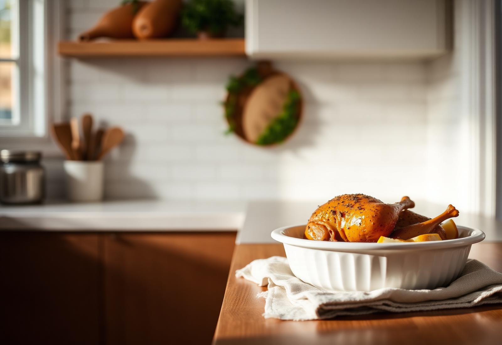 Home-cooked roast chicken dinner in a white ceramic dish on a farmhouse kitchen counter